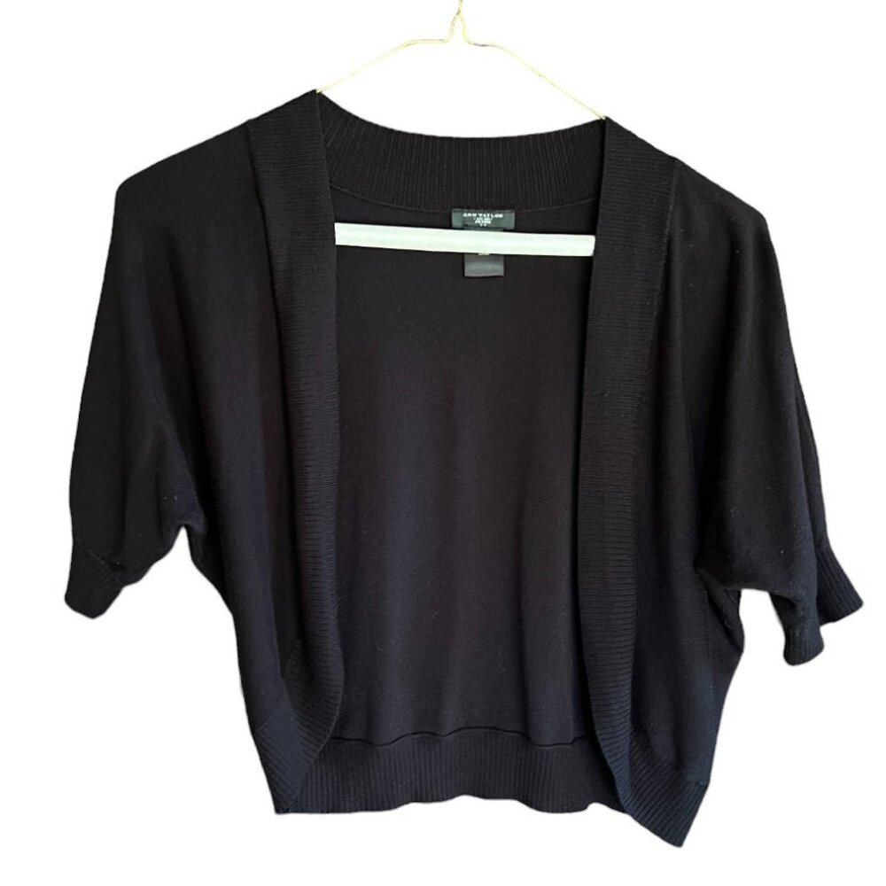 Ann Taylor Petite Black Rayon & Nylon Shrug Sweater Open Front, Size SP